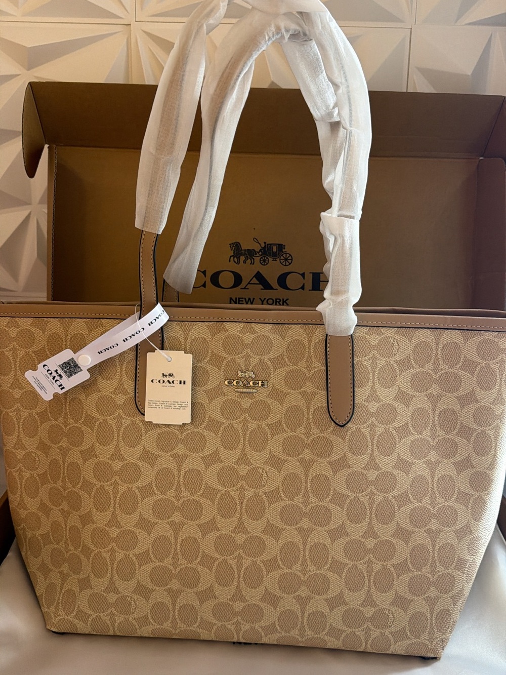 Coach Beige Signature Canvas Tote with Tan Leather Trim